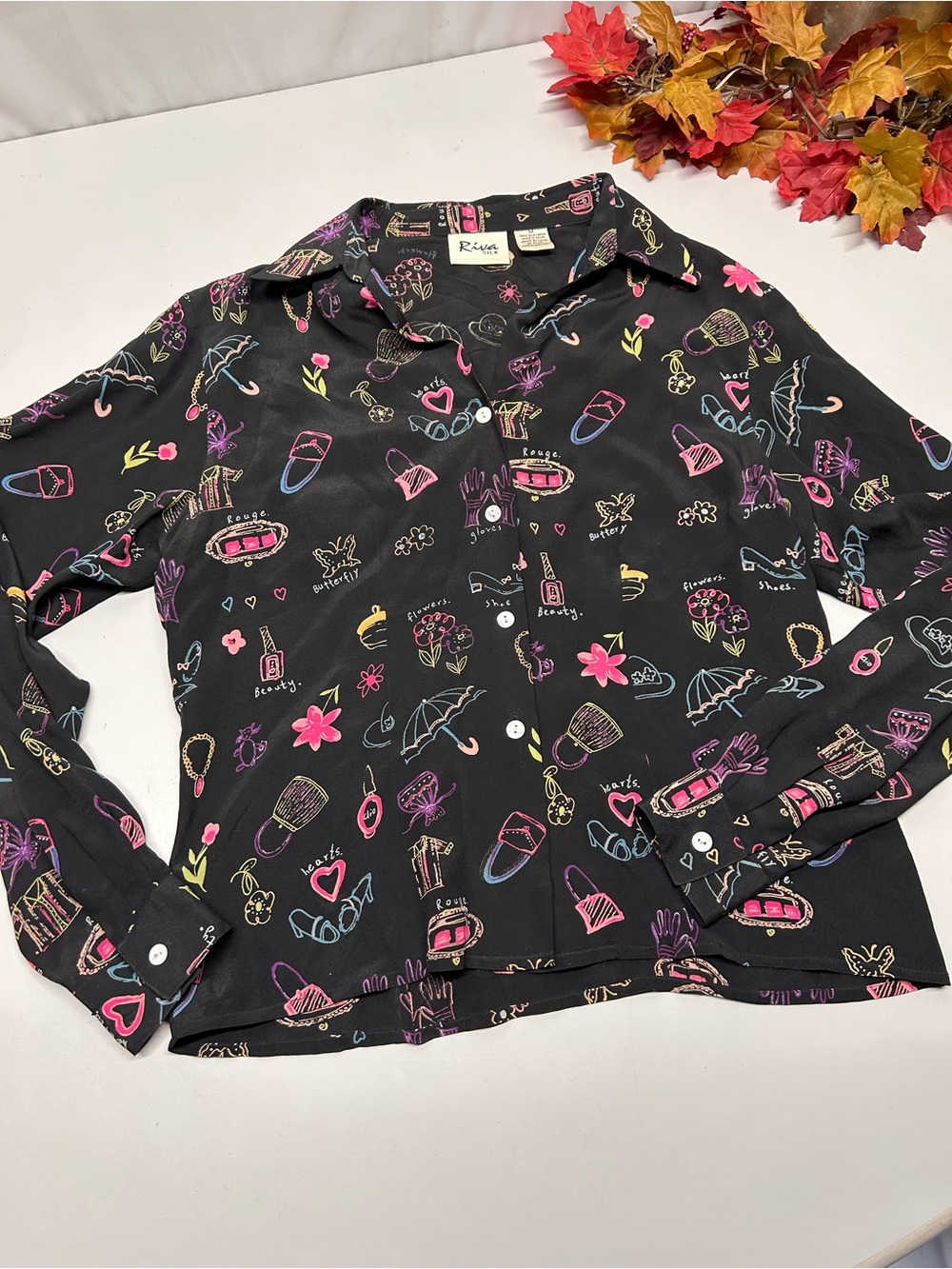 Riva Designs Black Button-Up Blouse with Pink, Blue & Yellow Accents
